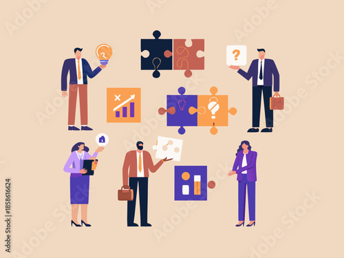 Business professionals collaborating on puzzle pieces representing problem solving and strategy