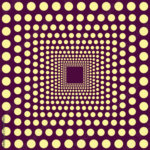 Pattern created by squares of pale yellow circles on a dark purple background, getting progressively smaller