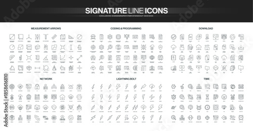 Collection of thin line icons featuring measurement arrows, coding, download, network, lightning, and time concepts in a modern minimal style isolated vector illustration