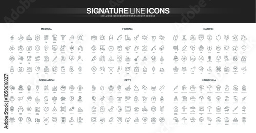 Collection of thin line icons covering medical, fishing, nature, population, pets, and umbrella themes, each set detailed for diverse informational and visual needs isolated vector illustration