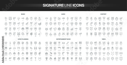 Line style icon set covers music, audio, content creation, event planning, entertainment show, and video themes for digital, creative, and media projects isolated vector illustration