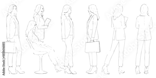 Fashion design sketch of women in business attire various poses and angles
