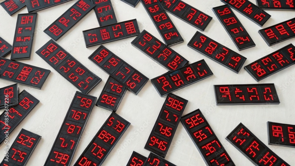 Fototapeta premium A collection of digital displays showing various numbers in red on black backgrounds, scattered across a light surface.