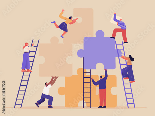Teamwork and collaboration assembling a large puzzle with ladders and effort
