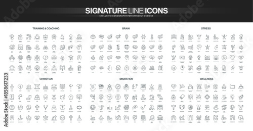 Collection of thin line icons covering training, brain, stress, christian, migration, and wellness themes, each symbolizing key concepts and activities, isolated vector illustration