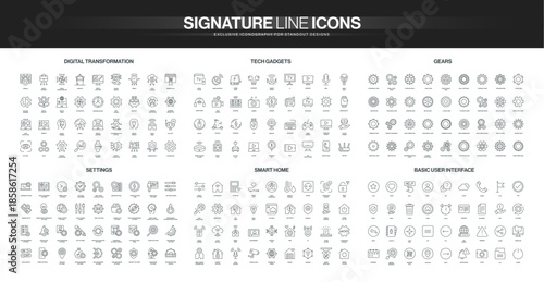 Black line icon collection featuring digital transformation, tech gadgets, gears, smart home, settings, user interface concepts, for apps, web design, and technology presentations vector illustration