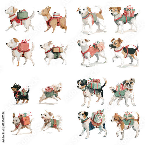 Festive dogs carrying gift boxes illustrated in a playful holiday style. Ideal for Christmas graphics greeting cards kids designs and cheerful seasonal animal artwork.