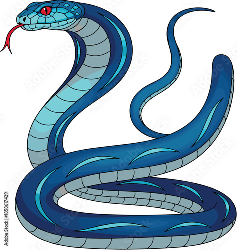 Blue snake illustration with coiled body and forked tongue, detailed reptile character artwork for wildlife design, tattoo inspiration, nature themes, and animal graphic projects