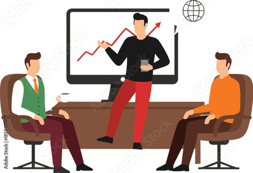 Business presentation meeting illustration with leader explaining growth chart, corporate strategy discussion, teamwork collaboration, performance analysis, and modern office decision making concept