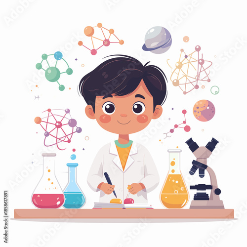 A cheerful cartoon boy in a lab coat conducting experiments with beakers and a microscope, surrounded by science symbols.