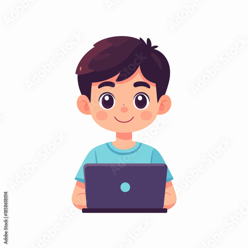 A happy cartoon boy with dark hair and a blue shirt smiling while using a laptop computer.