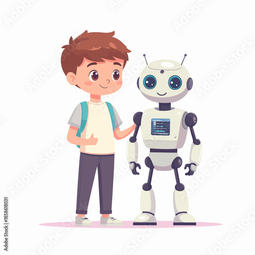 A friendly cartoon illustration of a young boy with a backpack standing next to a white robot, both smiling on a plain background.