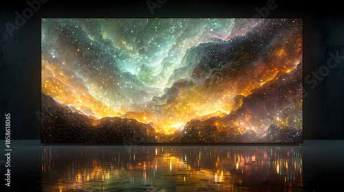 Wide View of Vibrant Nebula Digital Art Displayed on Panoramic Screen in Dark Modern Exhibition Space