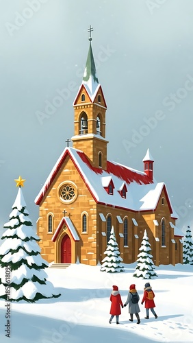 Wallpaper Mural Snowy Church with Three People Walking in Front of It winter Torontodigital.ca