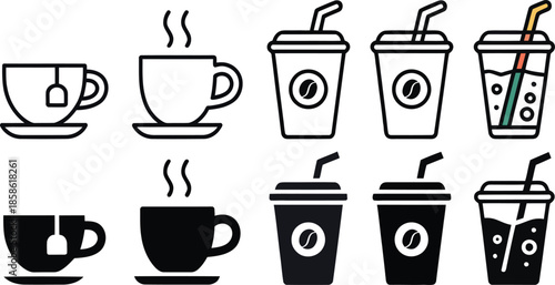 Coffee and Cold Drink Cup Icon Set – Hot Tea Mug, Takeaway Coffee and Iced Beverage Symbols in Outline and Solid Black Design