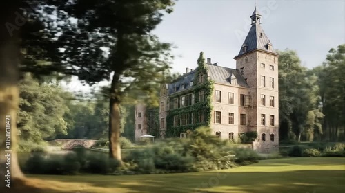 Elegant castle architecture reflected in tranquil water during daylight