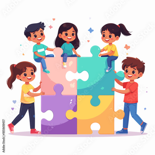 Five diverse children happily playing and collaborating with a large, colorful jigsaw puzzle, symbolizing teamwork and childhood joy.