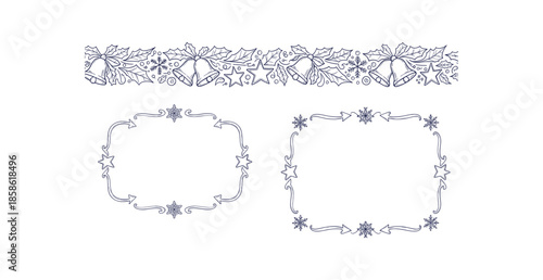 Detailed Hand Drawn Christmas Doodles Frame and Seamless Border Vector Sketch Collection