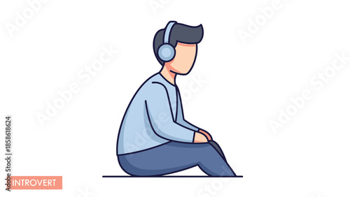 A cartoon man wearing headphones sits cross-legged on the floor with an introvert label nearby, conveying a quiet and reserved mood in a minimalistic style.
