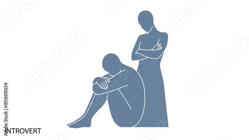 Illustration of an introvert sitting curled up with a person standing beside with arms crossed in a simple blue and white line art style on a white background.