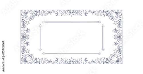 Detailed Hand Drawn Christmas Holiday Doodles Frame Vector Border with Bells and Winter Foliage