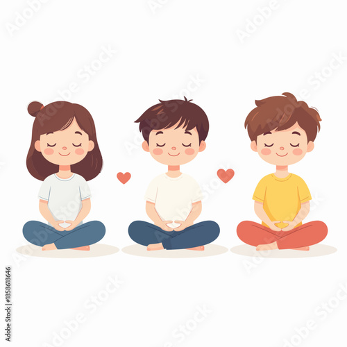 Three cute cartoon children meditating peacefully with closed eyes and serene expressions, surrounded by small red hearts.