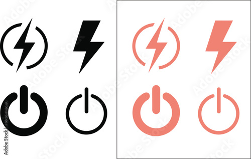 Electric Power and Lightning Icon Set – Black and Red Energy Symbols Including Power Button and Flash for Technology and UI Design