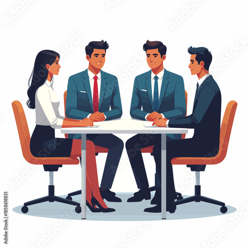 Four business professionals in suits and formal wear sitting around a table, engaged in a meeting or discussion.