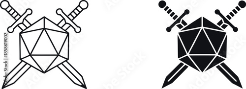 Fantasy Shield and Crossed Swords Icon Set – Medieval RPG Emblem with Geometric Shield in Outline and Solid Black Design