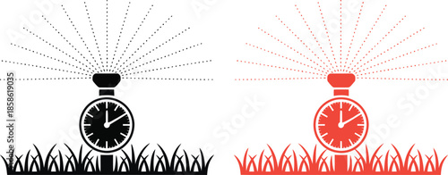 Garden Water Sprinkler Timer Illustration Set – Automatic Lawn Irrigation System with Spray Pattern in Black and Red Flat Design
