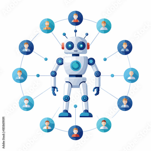 A white and blue robot at the center of a circular network connecting various human avatars, illustrating artificial intelligence and social interaction.