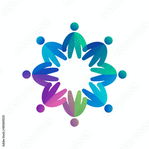A vibrant, colorful illustration of stylized people holding hands in a circle, symbolizing community, teamwork, and unity.