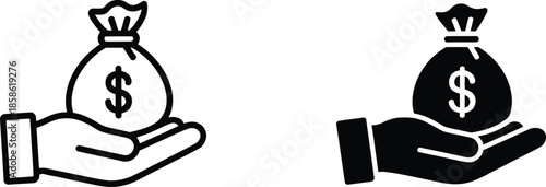 Hand Holding Money Bag Icon Set – Financial Support, Payment and Wealth Symbols in Outline and Solid Black Design