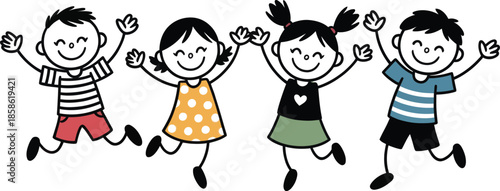 Happy Kids Holding Hands and Jumping Cartoon Illustration – Smiling Children Friends Playing Together in Colorful Hand Drawn Style