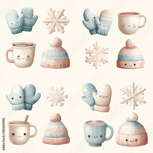 Cute winter themed illustrations featuring cozy mugs mittens hats and snowflakes in a soft pastel style. Great for seasonal designs, kids graphics, holiday decor, and cheerful winter themes.