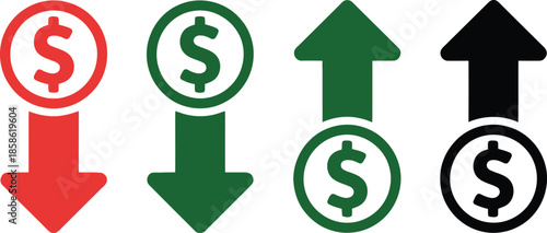 Money Up and Down Arrow Icon Set – Profit and Loss, Financial Growth and Decline Symbols with Dollar Sign in Red, Green and Black