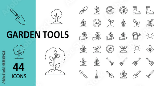 Set of 44 minimal garden tools and nature line icons featuring plants, trees, shovels, rakes, and eco-friendly growth symbols.