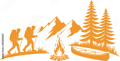 Outdoor Adventure Camping Illustration – Hikers with Backpack, Campfire, Canoe, Mountains and Pine Trees in Orange Silhouette Design