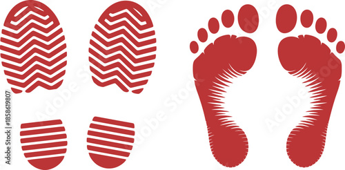 Red Footprint and Shoe Sole Imprint Collection – Human Bare Footprints and Boot Tread Marks Isolated on White Background Illustration