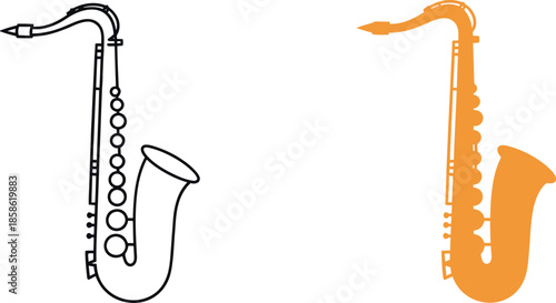 Saxophone Line Art and Solid Illustration Set – Jazz Wind Musical Instrument Outline and Orange Silhouette Design Isolated on White Background