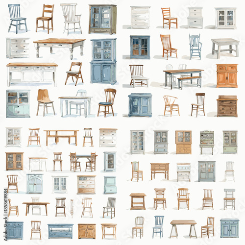 Watercolor style furniture and home elements arranged as a cozy interior collection. Perfect for home decor projects, interior styling guides, catalogs, and lifestyle illustrations.