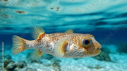 Realistic pufferfish swimming underwater. Round spiky fish in natural ocean environment with soft light and calm motion.