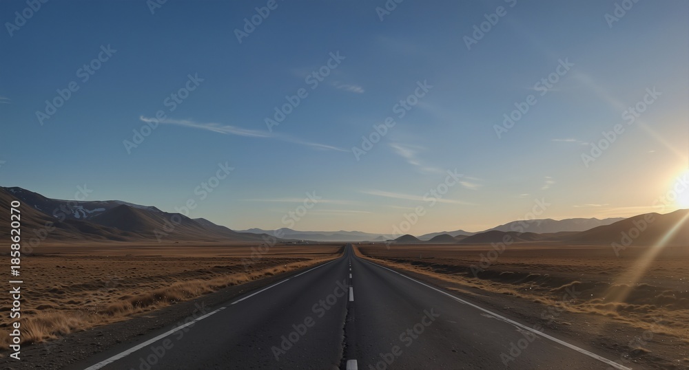 Fototapeta premium empty highway stretching towards distant mountains under a clear blue sky with warm sunset light.
