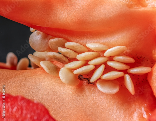 Valokuva Macro of Ripe Red Bell Pepper Seeds and Internal Flesh