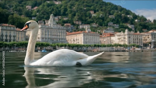 Elegant swan glides across calm waters with scenic cityscape backdrop