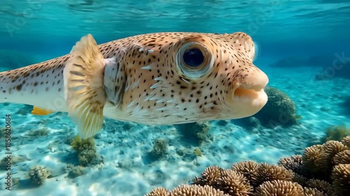 Realistic pufferfish swimming underwater. Round spiky fish in natural ocean environment with soft light and calm motion.