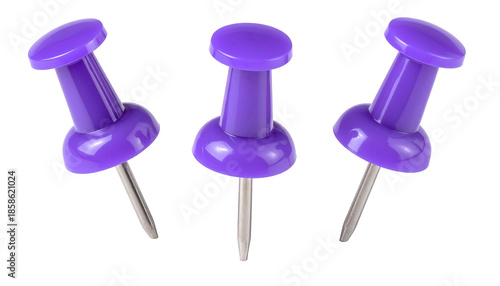 Three purple push pins, slightly angled, on a stark black background