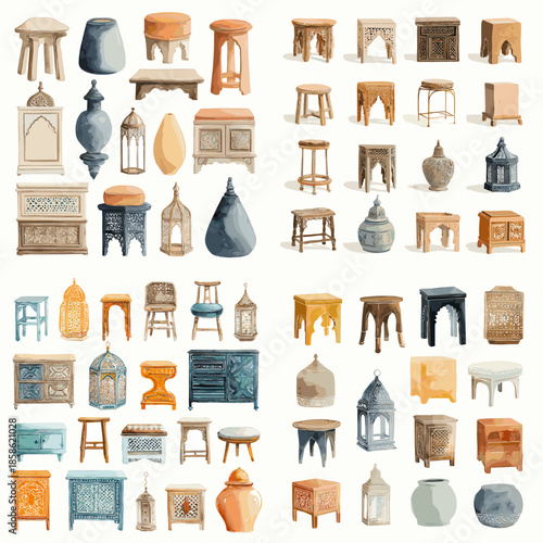 Hand drawn furniture and decor objects illustrated in a warm watercolor style. Suitable for interior design concepts, home decor projects, catalogs, and lifestyle themed illustrations.