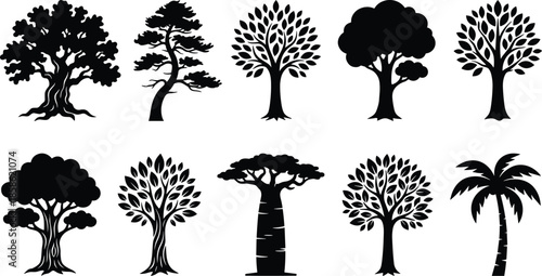 Tree silhouettes set featuring oak pine baobab palm decorative leafy trees, black nature vector icons isolated on white background