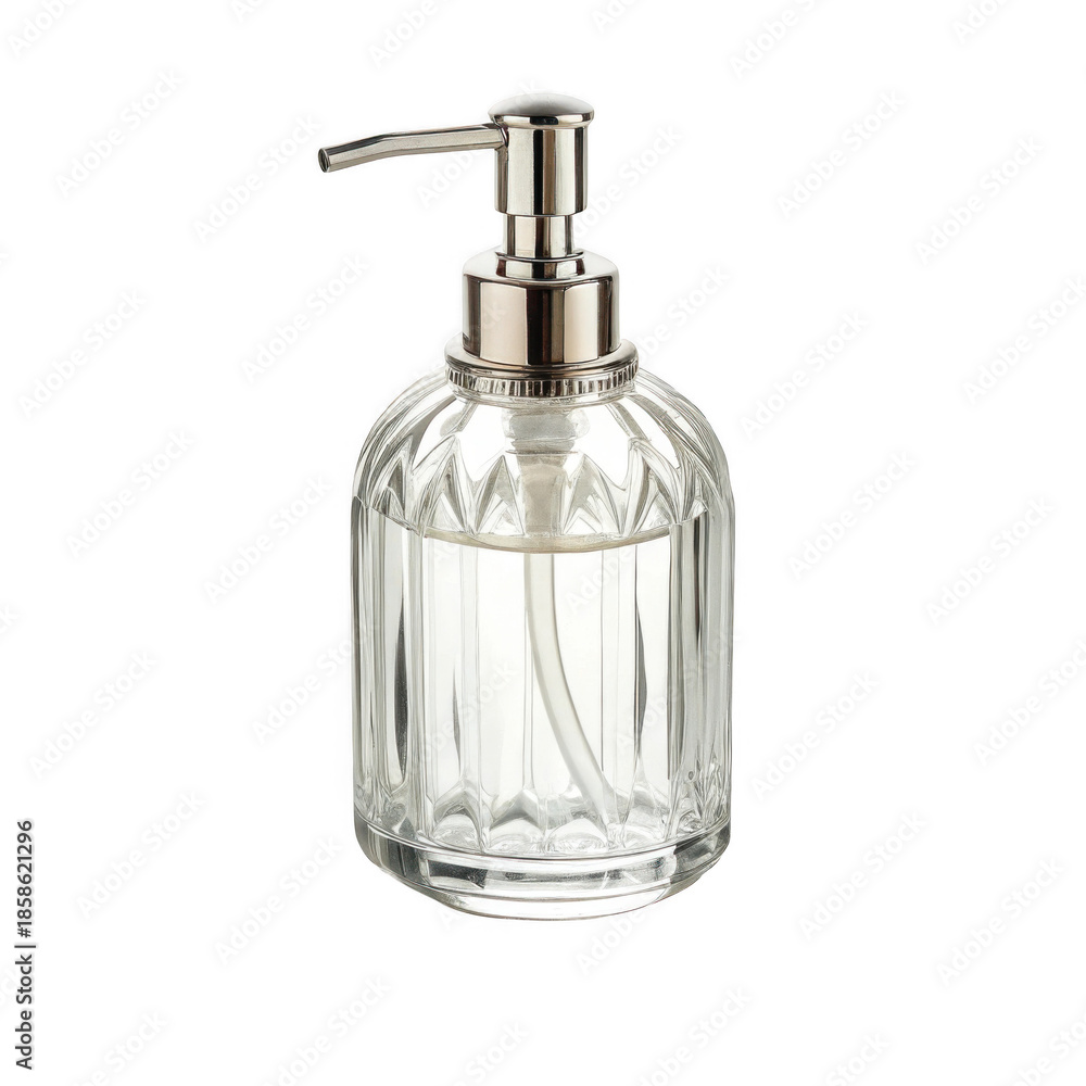 Fototapeta premium 3d clear glass soap dispenser with silver pump isolated on transparent background